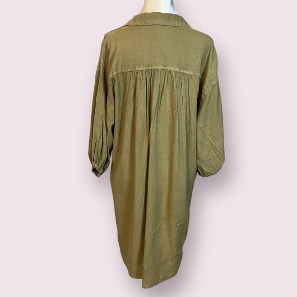 YFB Young Fabulous &Broke Linen Shirt Dress Olive Green Button Front Oversize M - Picture 2 of 10